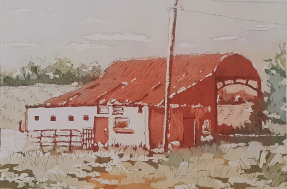 73. Hay barn at Loughan Lorraine Clarke 2023 Etching aquatint watercolours