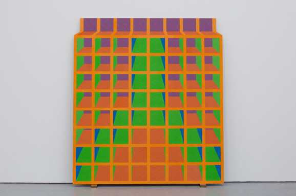 Neil Clements, Riser (System, after Roy Johnson), 2024, enamel on aluminum treadplate, steel, walnut