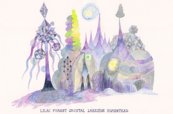 Suzanne Treister, TECHNOSHAMANIC SYSTEMS/Earth Eco Systems and Architectures/Lilac Forest Crystal Lakeside Homestead, 2020-ongoing, print on Hahnemühle photo rag 308gsm, 42x29.7cm